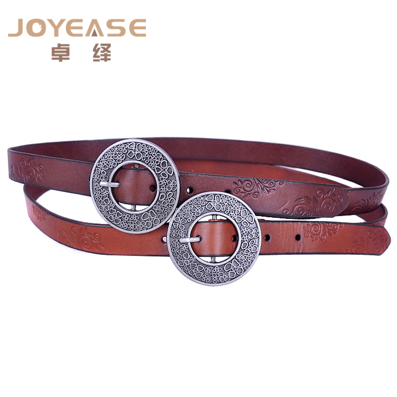 Vintage carved round buckle first layer of cowhide thin section belt genuine leather belt waist of trousers belt