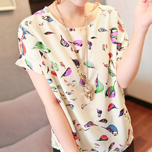 vintage casual sweet hm roll sleeve batwing shirt o-neck print chiffon shirt loose plus size 1213