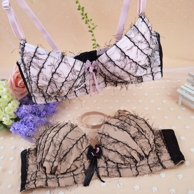 Vintage chiffon yarn plush stripe underwear bra set 3 breasted side gathering push up bra