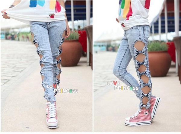 Vintage Detailed Woman's Retro Side Bow Cutout Ripped Denim Sexy Jeans Jeggings Leggings