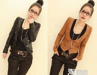 vintage double breasted collarless leather clothing slim leather clothing