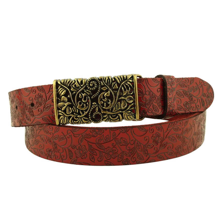 Vintage embossed personalized flower smooth buckle casual all-match women's genuine leather strap belt