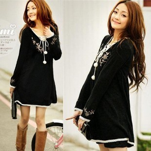 Vintage embroidery fur ball laciness gentlewomen knitted one-piece dress - 086