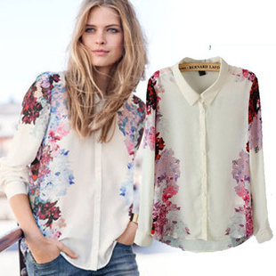 Vintage Floral Chiffon Blouses Long Sleeves Turn-down Collar Casual Shirt Flower Prints Women Shirts Brand Tops White Blouse