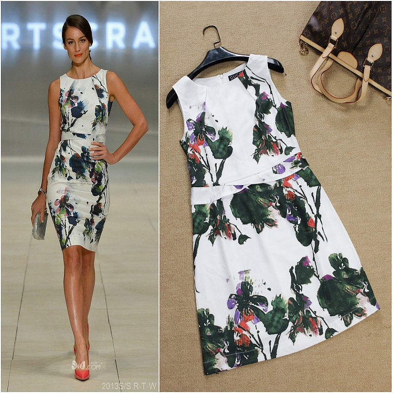 Vintage Green Flower Painting Print Sleeveless Vest Dress Ladies Brand Brief Dress Boutique Dress