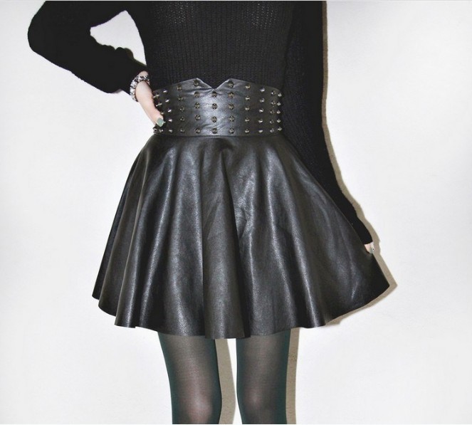 Vintage high waist back zipper rivet fashion all-match bust skirt short skirt leather skirt small skirt female