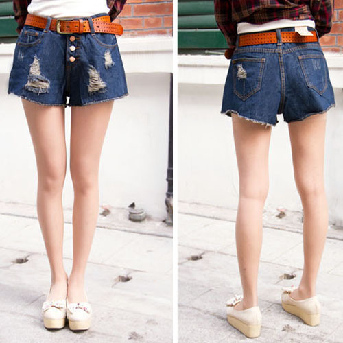 Vintage high waist buckle loose denim hot shorts moben hole summer short jeans