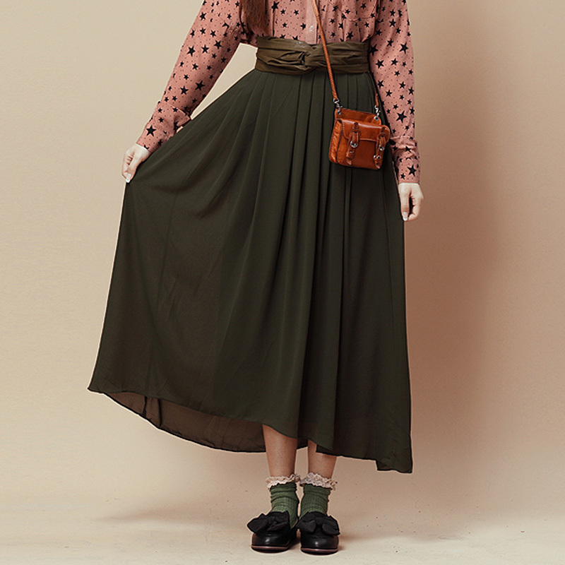 Vintage high waist leather cummerbund elegant chiffon half-length full dress Army Green bust skirt dress