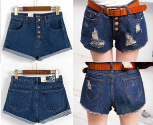 Vintage high waist roll-up hem plus size denim shorts mm lowing shorts female loose shorts summer