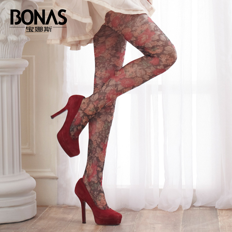 Vintage jacquard socks personality flower jacquard pantyhose spring and autumn thin stockings Core-spun Yarn female socks