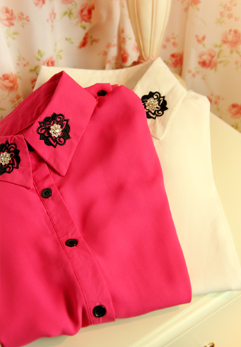 Vintage ladies chiffon decorative pattern rhinestone embroidery multicolour flower shirt