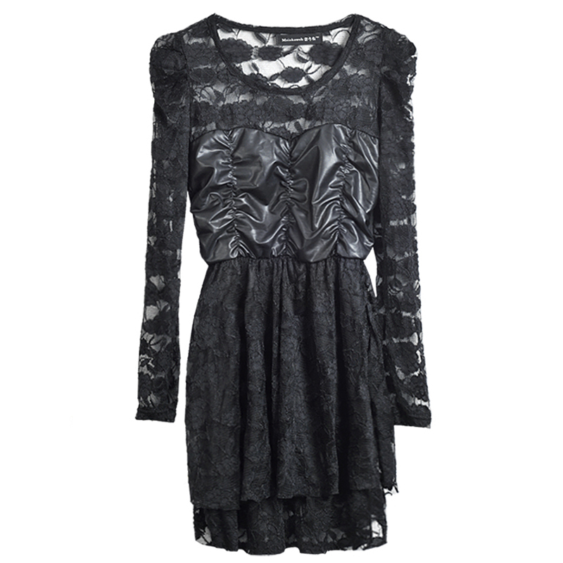 Vintage leather patchwork lace one-piece dress