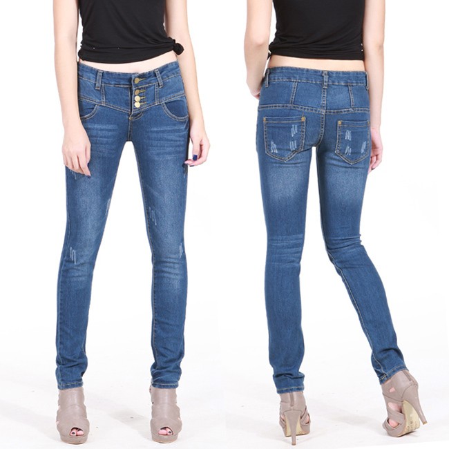 Vintage reminisced single breasted slim blue denim trousers female elastic pencil pants