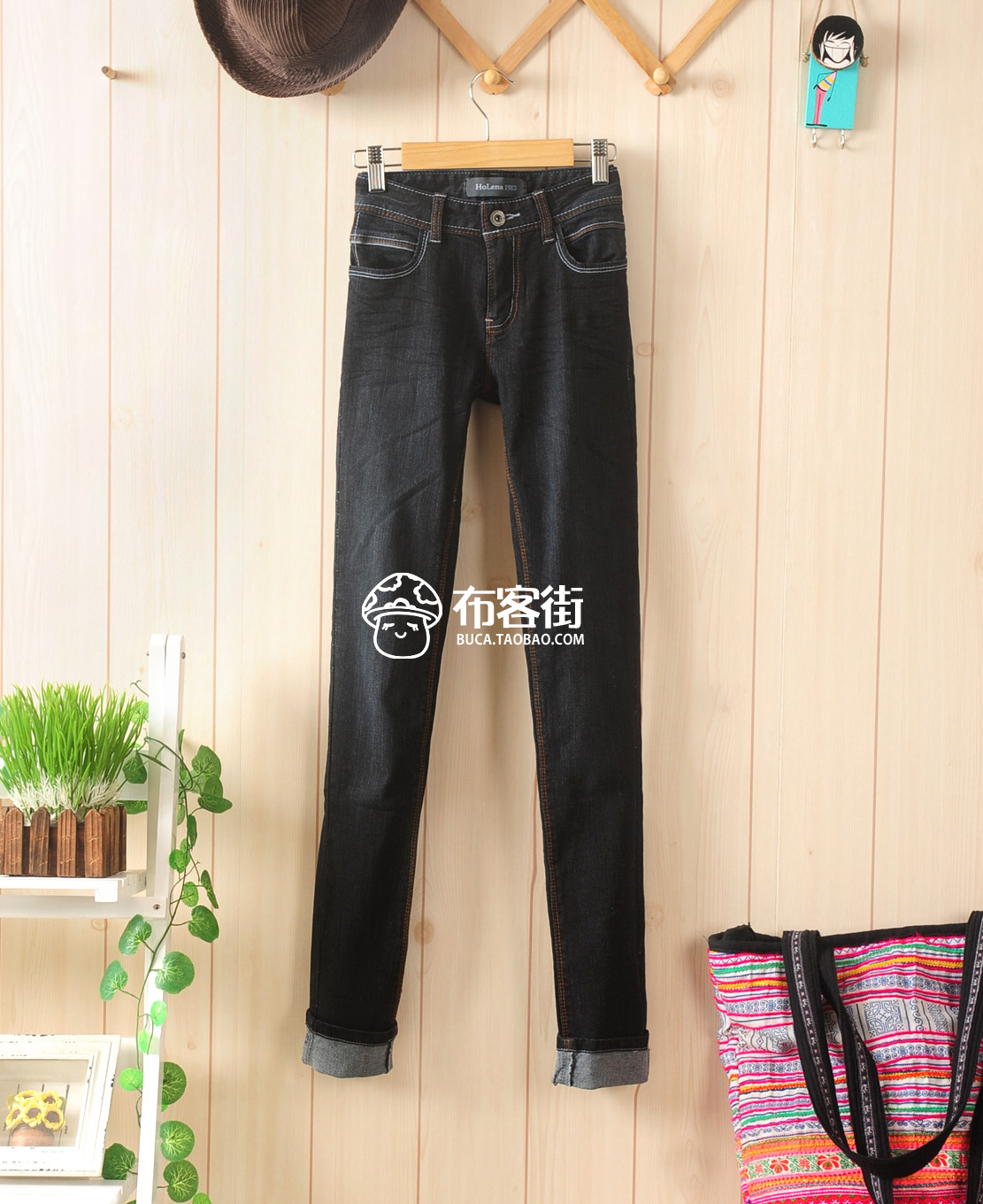 Vintage retro finishing two-color stitch skinny jeans trousers female trousers autumn new arrival bk4056