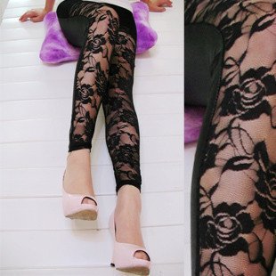 Vintage Rose lace stitching artificial leather pants lace stitching artificial leather leggings pantyhose