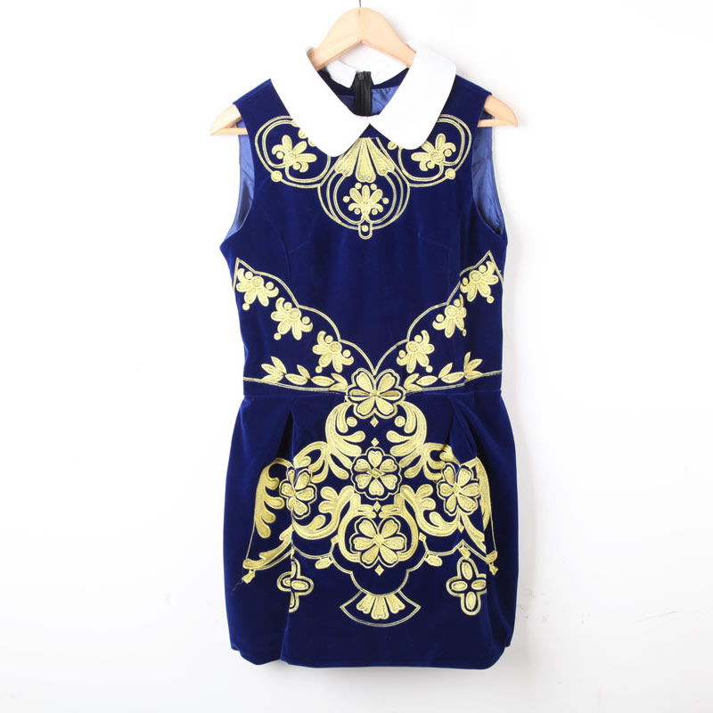 Vintage slim elegant gold thread embroidery velvet sleeveless vest one-piece dress winter dress