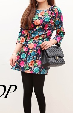 Vintage small ladies multicolour peony flower three quarter sleeve one-piece dress