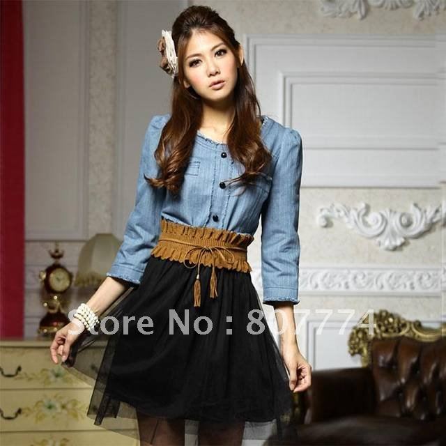 Vintage Spring and Autumn women's Denim+Tulle Mini Dress Three Quarter Belted Blue Dress