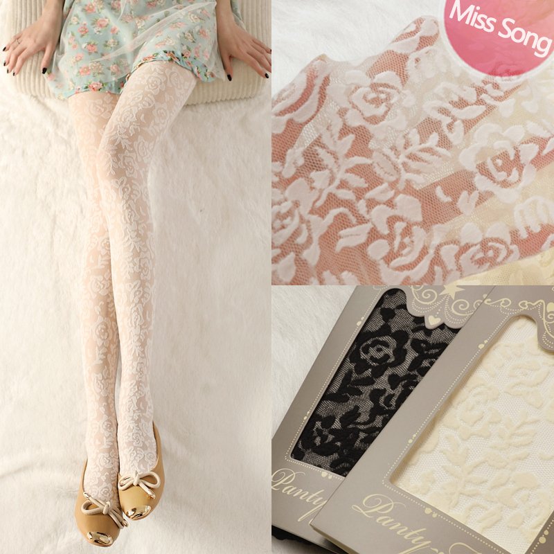 vintage stockings ultra-thin lace flower jacquard white color pantyhose