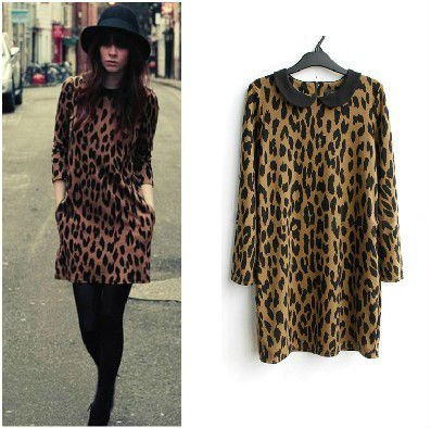 Vintage Style Peter Pan Collar Leopard Print Long SLeeve Dress 0082#