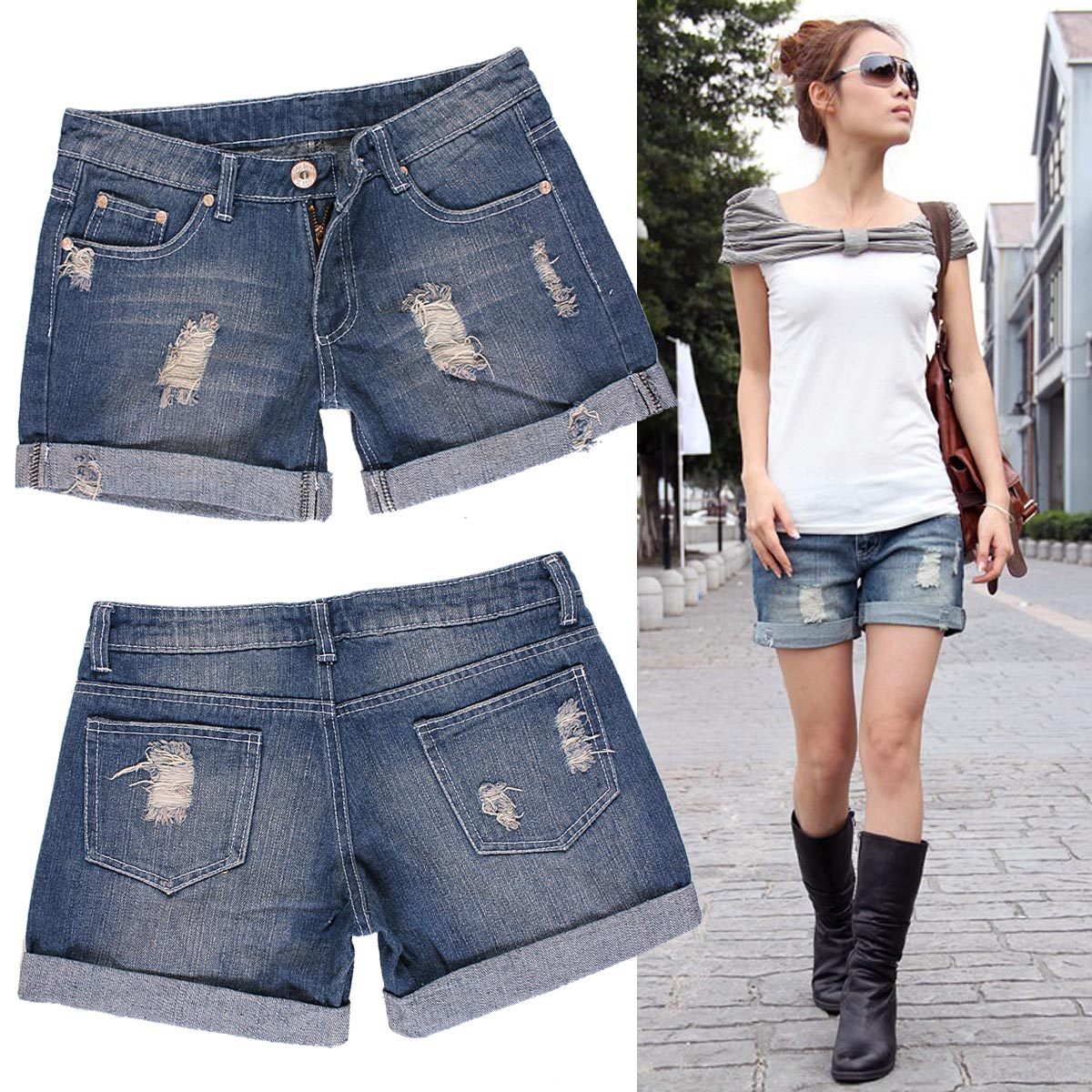 Vintage summer loose plus size hole roll-up hem female denim shorts casual pants female