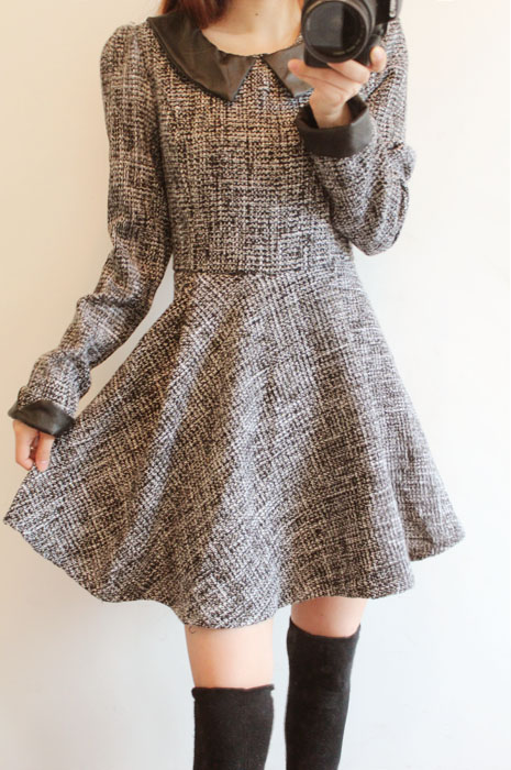 Vintage tweed fabric peter pan collar peter pan leather patchwork slim waist long-sleeve dress