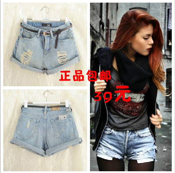 Vintage vintage female denim shorts female loose hole roll-up hem shorts plus size hot