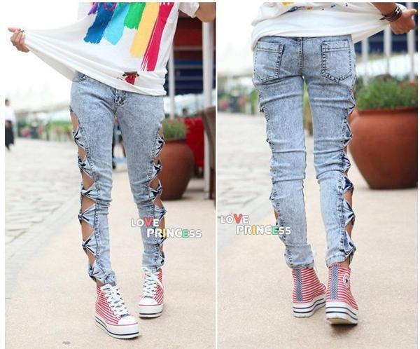 Vintage Woman Side Bow Cutout Ripped Denim Sexy Jeans Jeggings Punk Trousers