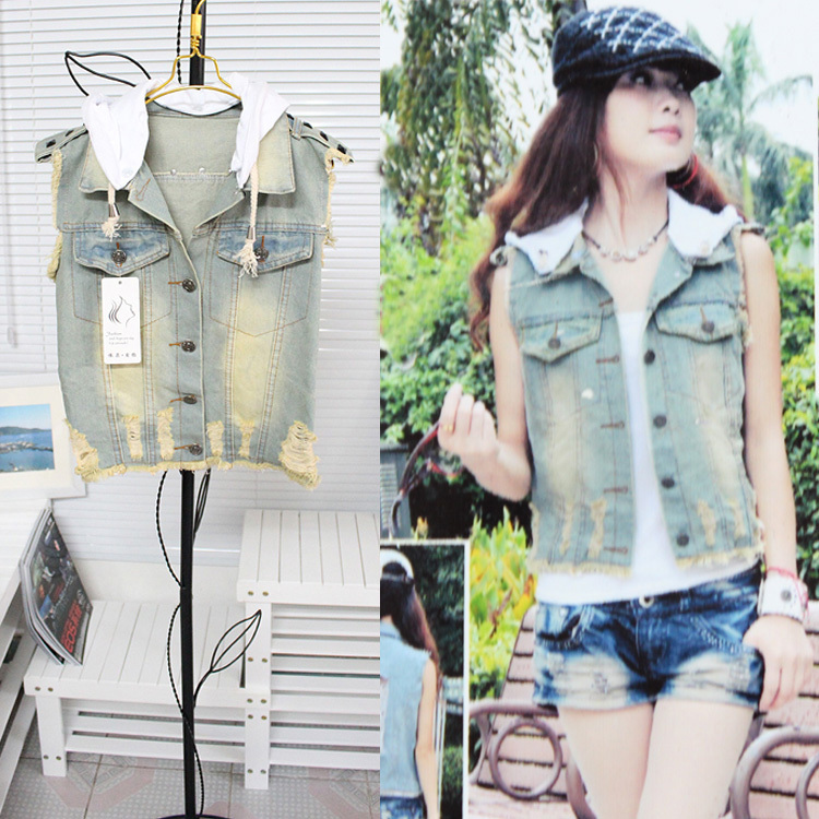 Vintage women's the trend of the vest fashion all-match epaulette hooded sleeveless denim vest outerwear