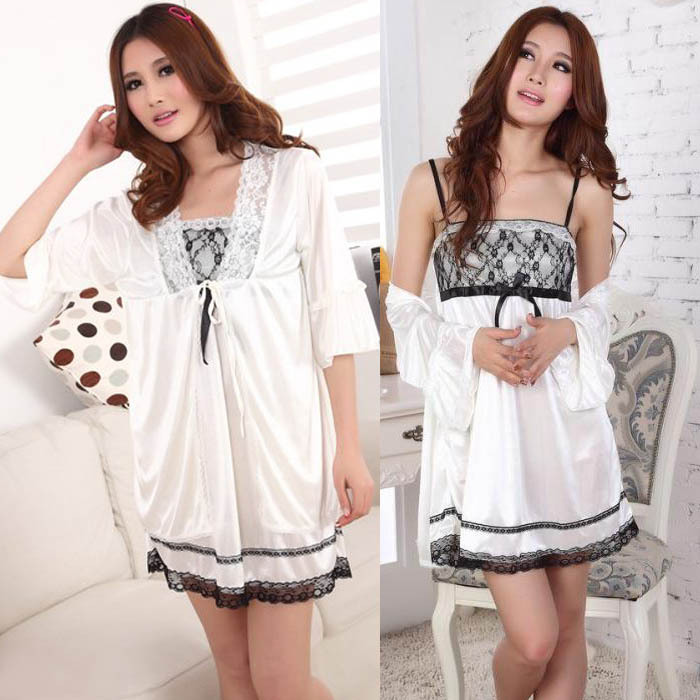 Viscose summer women's sexy noble spaghetti strap robe sleepwear nightgown twinset lounge