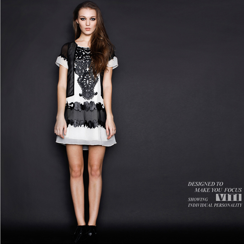 Viti13 summer abstract leather faux two piece short-sleeve silk dress