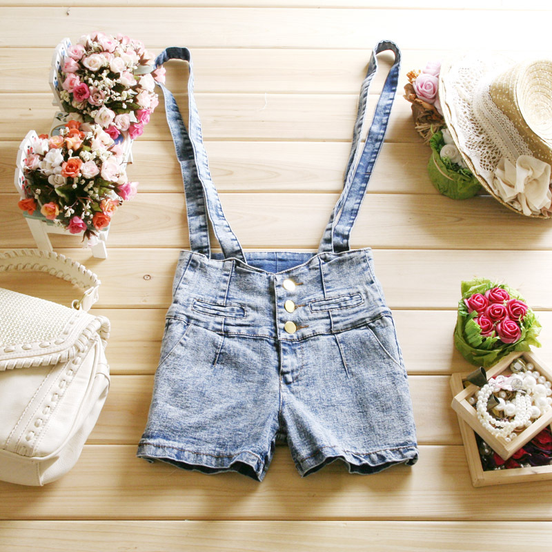 Vivi 2012 summer women's high waist denim suspenders shorts disassembly