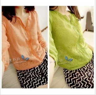 Vivi 2012 women's autumn chiffon yarn lace patchwork empty thread transparent coat sun shirt 3