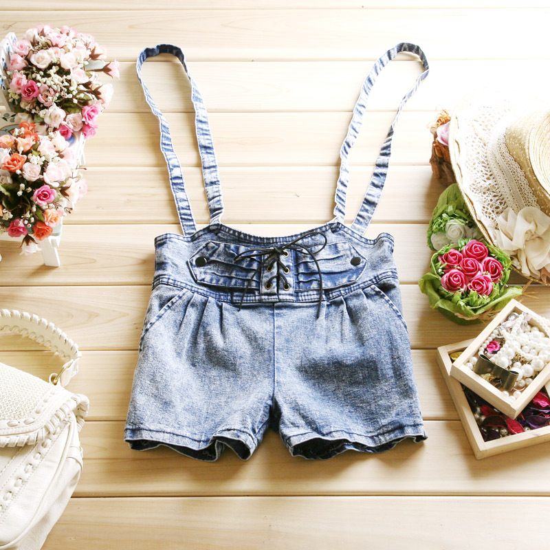 Vivi 2013 spring water wash Women elastic high waist denim shorts bib pants