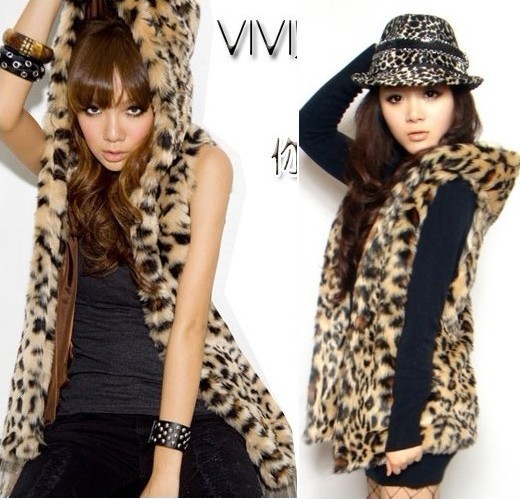 Vivi autumn and winter leopard print slim fur vest outerwear women's long design vest belt with a hood vest