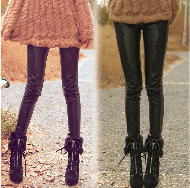 Vivi autumn and winter vintage eyeholes lace all-match PU faux leather pants elastic legging