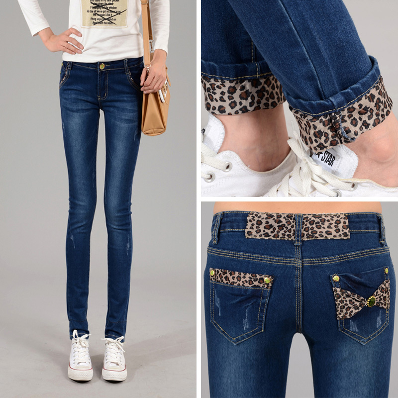 Vivi autumn female leopard print roll up hem slim pencil casual trousers jeans