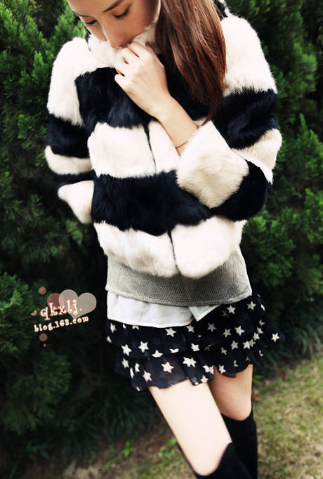 Vivi black-and-white stripe hooded faux fur coat cardigan overcoat