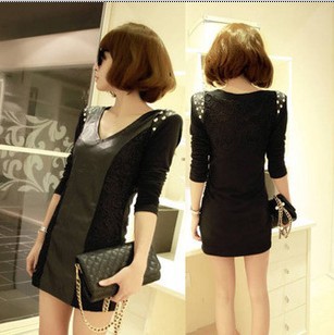 Vivi fashion autumn and winter slim punk lace patchwork rivet long-sleeve leather one-piece dress