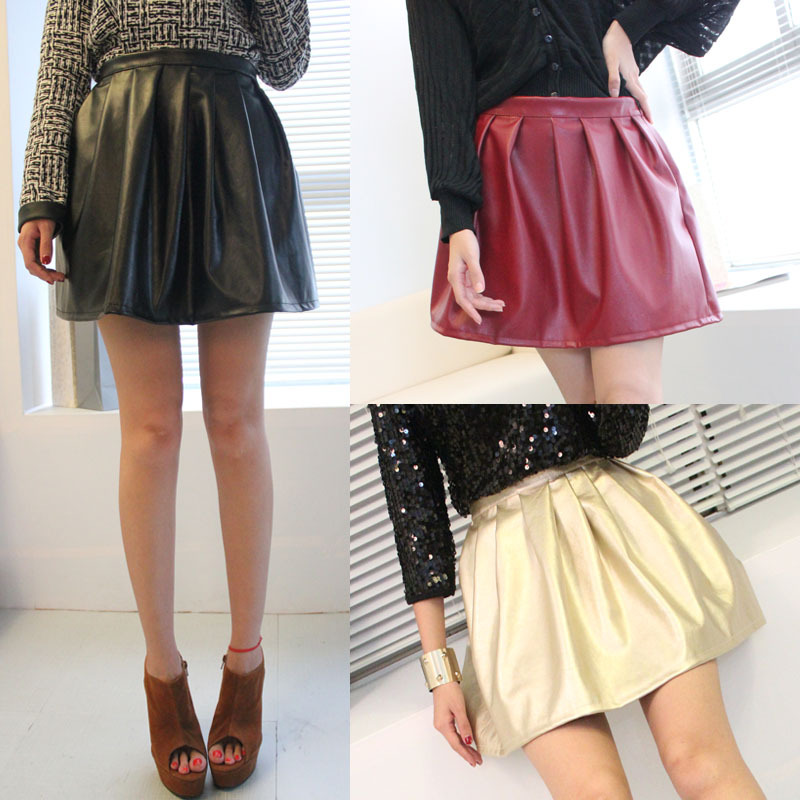 Vivi fashion  metallic PU leather A  skirt high Elastic  waist bottom bust skirt short skirt vintage celebrity