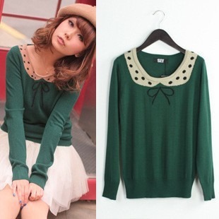 Vivi magazine same style sweet polka dot false bow collar ladies' sweater cute pullover knitwear 3colors,free shipping