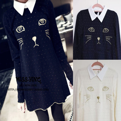 Vivi magazine sweet turn-down collar gold velvet dot embroidery large the cat sweater female