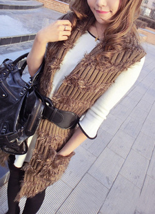 Vivi plush line thickening medium-long knitted waistcoat cape vest belt sweater