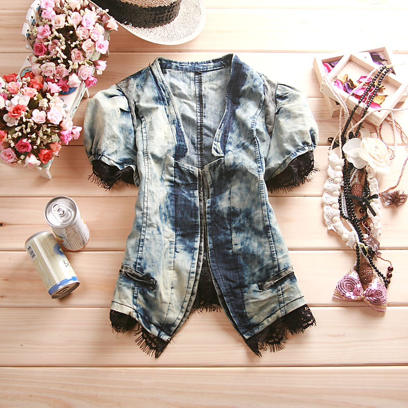 Vivi summer women's vintage slim lace decoration short-sleeve denim outerwear short jacket