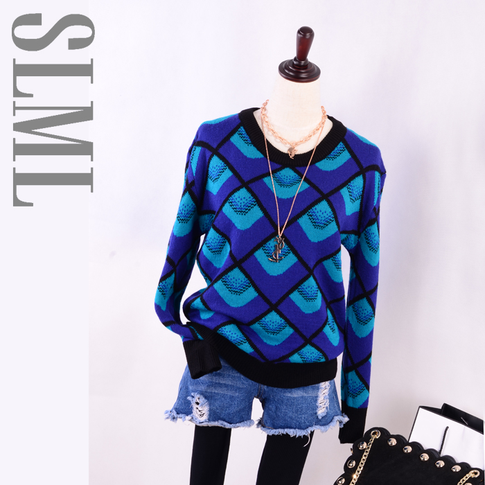 Vivi women's plaid shirt sweater female loose pullover o-neck vintage basic sweater free shipping