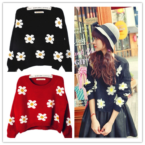 Vivi10 kaki flower daisy sunflower short design sweater