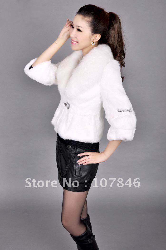 VK0005 Lady Genuine Whole-hide Rabbit Fur Jacket with Big Fox Collar Short sleeve Style Free shipping in stock OEM