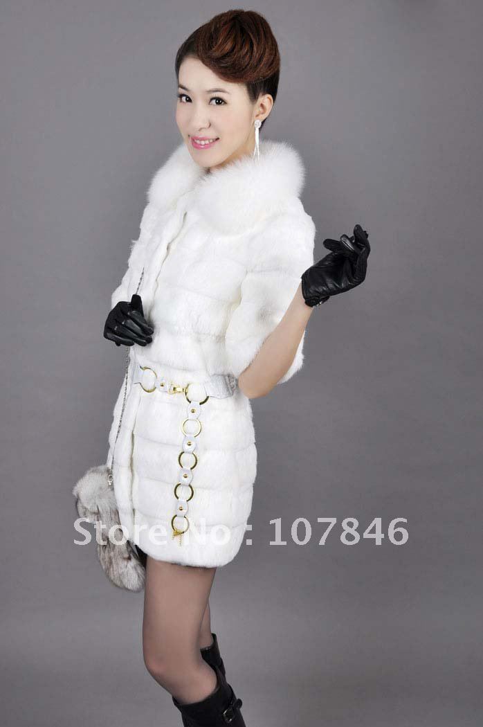 VK0017 Female Genuine Sheared Rabbit Fur Coat with Fox Collar & belt In stock hot selling OEM drop shipping female garment