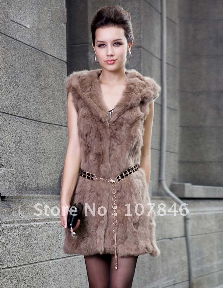 VK0024 Lady Fashion Genuine Rabbit Fur Waistcoat with Hoody  In stock Hot selling Drop shipping OEM