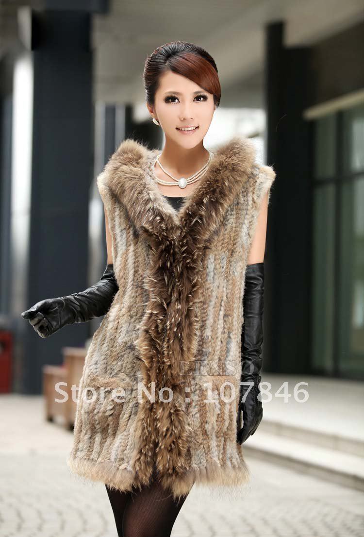 VK0032 Lady Fashion Genuine Knitting Rabbit Fur Vest with Fur Trimming with  Hoody Hot selling OEM